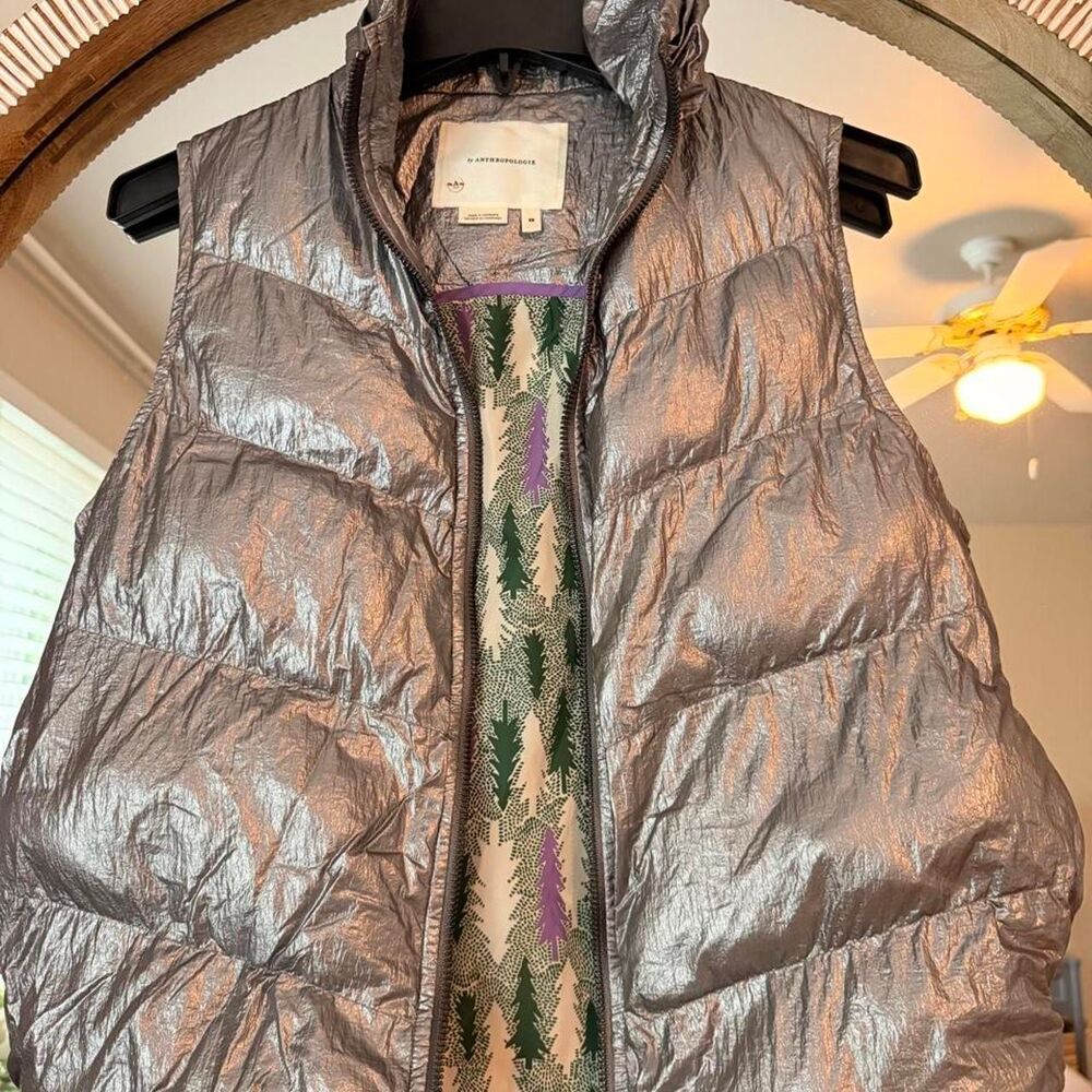 Anthropologie Metallic Silver Hooded Puffer Vest Sleeveless XS Y2K